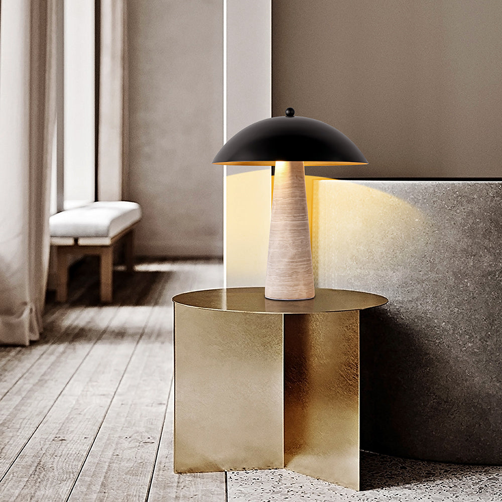 Vesper Luxe - edle Holz-Marmor-Tischlampe mit goldenem Innenfinish