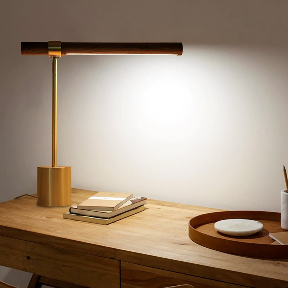 Lumea - LED-Lampe mit goldfarbenem Metallelement und Holz-Struktur