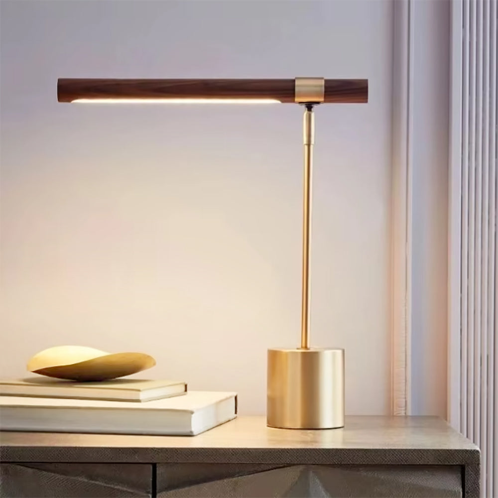 Lumea - LED-Lampe mit goldfarbenem Metallelement und Holz-Struktur