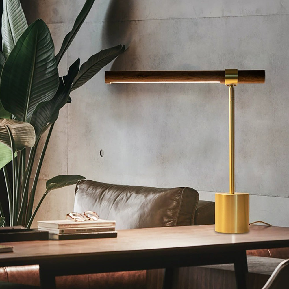 Lumea - LED-Lampe mit goldfarbenem Metallelement und Holz-Struktur